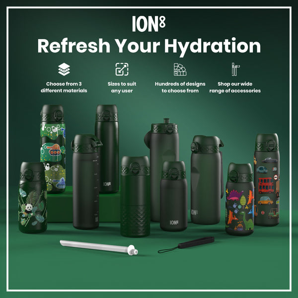 Several dark-green water bottles, various sizes and designs, are displayed on a green surface; accompanying text advertises material choices, sizes, designs, and accessories.