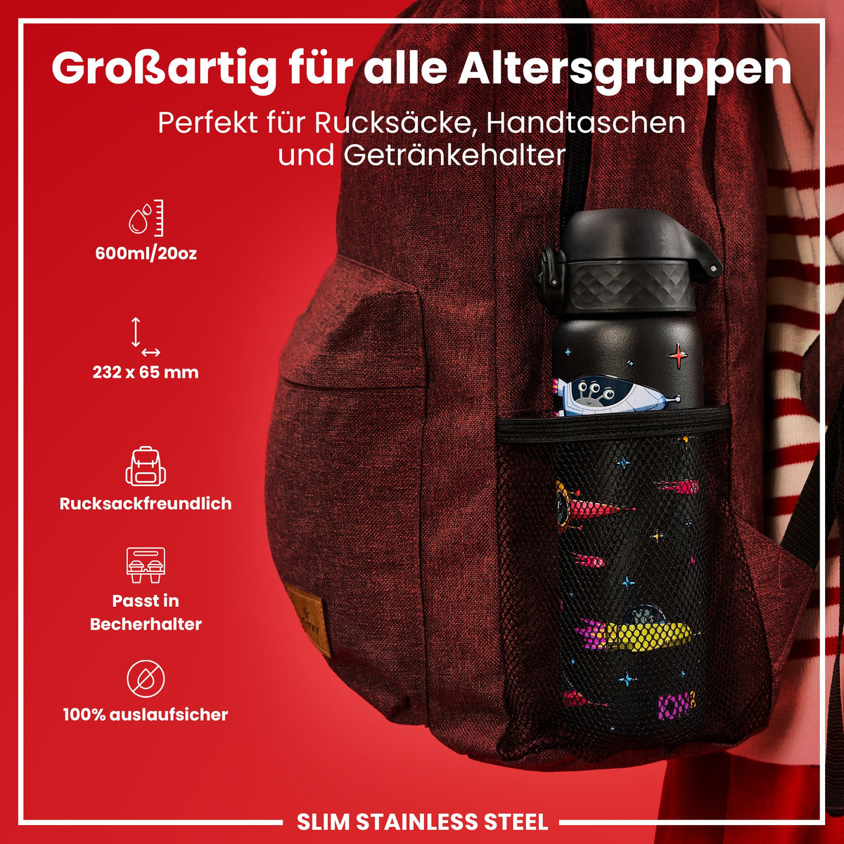 Leichte Edelstahl-Wasserflasche, Design „Raumschiffe, 600 ml