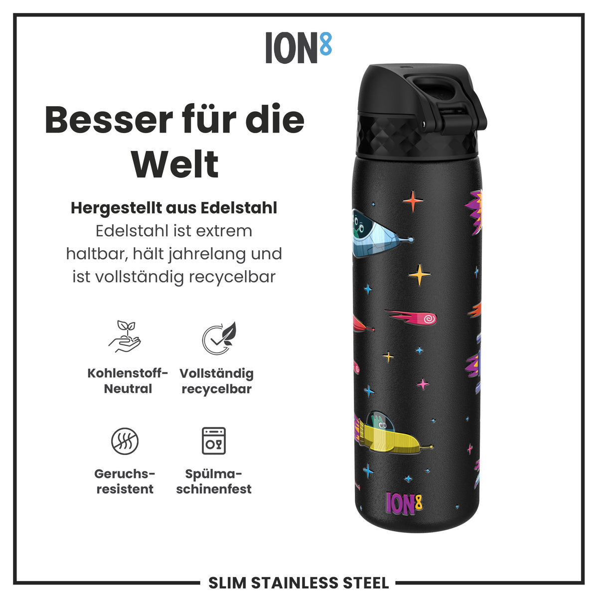 Leichte Edelstahl-Wasserflasche, Design „Raumschiffe, 600 ml