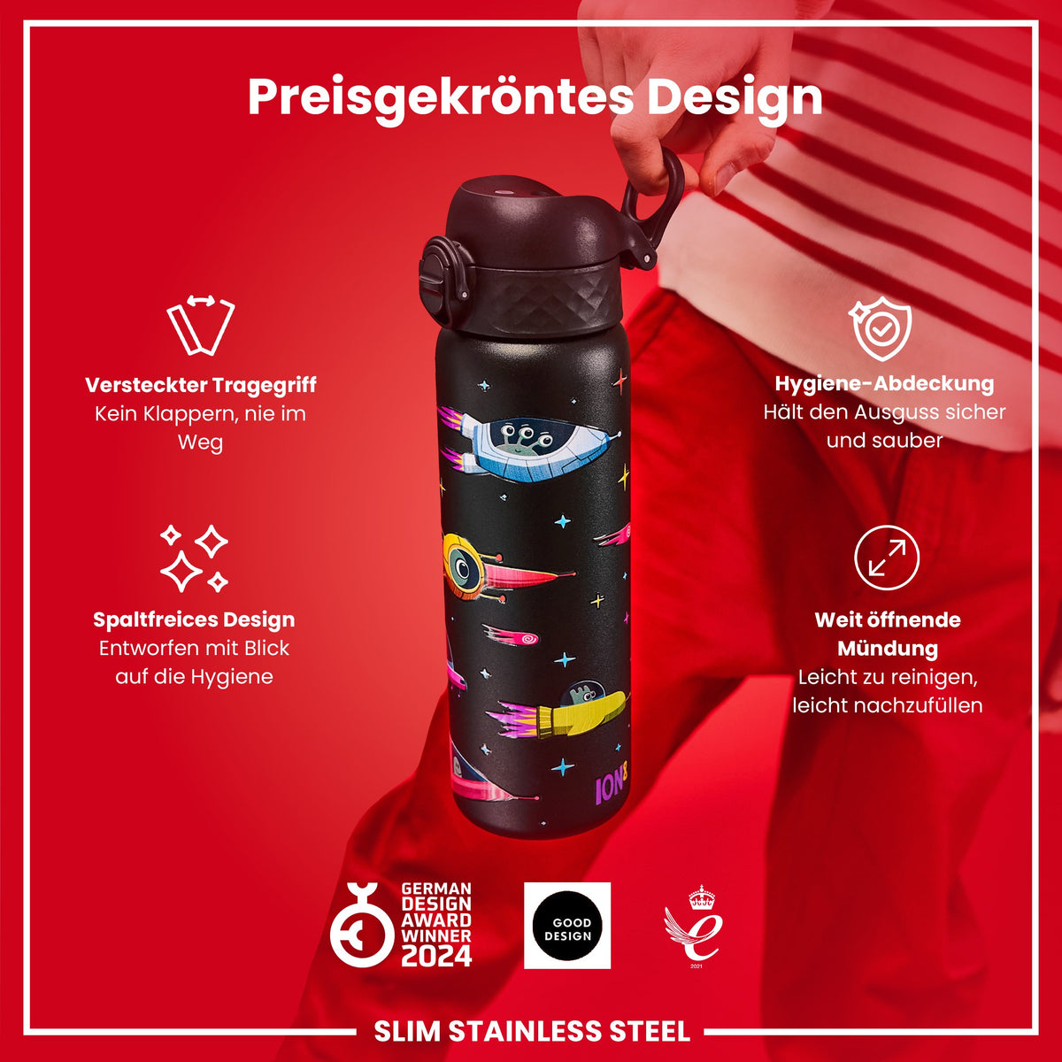 Leichte Edelstahl-Wasserflasche, Design „Raumschiffe, 600 ml