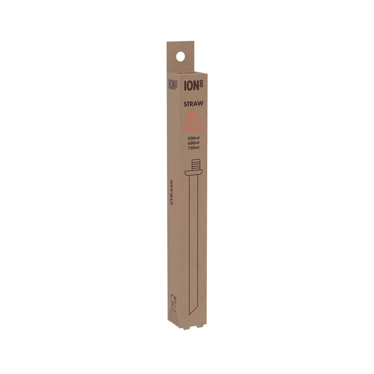 A tall, rectangular cardboard box stands upright featuring the text "ION8 STRAW fits 500ml 600ml 750ml" alongside a simple line drawing of a straw, against a plain white background.
