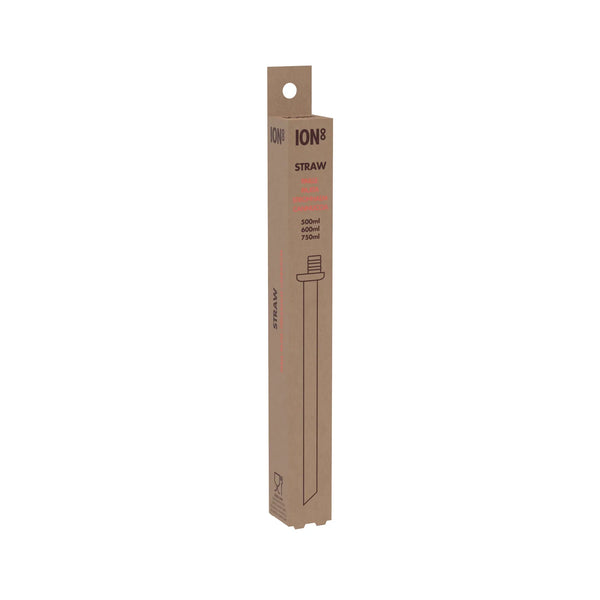 A tall, rectangular cardboard box stands upright featuring the text "ION8 STRAW fits 500ml 600ml 750ml" alongside a simple line drawing of a straw, against a plain white background.