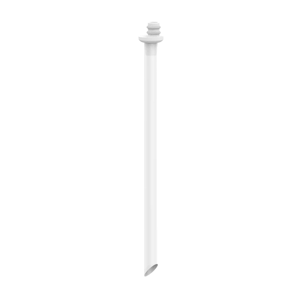 A white plastic dip tube with a threaded connector at the top is isolated on a plain white background.