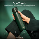 A dark-green ION8 water bottle is held; its flip top opens with a single click. The bottle is shown against a dark-green background. Flips open with a simple click; One-handed use on the go; Triple lock security; 100% leak proof - no twisting, no leaks. SLIM THERMAL.