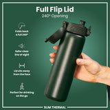 A dark-green water bottle with a black flip lid is held. The lid opens 240 degrees, providing a clear line of sight and sits away from the face; ideal for on-the-go use. It is a 