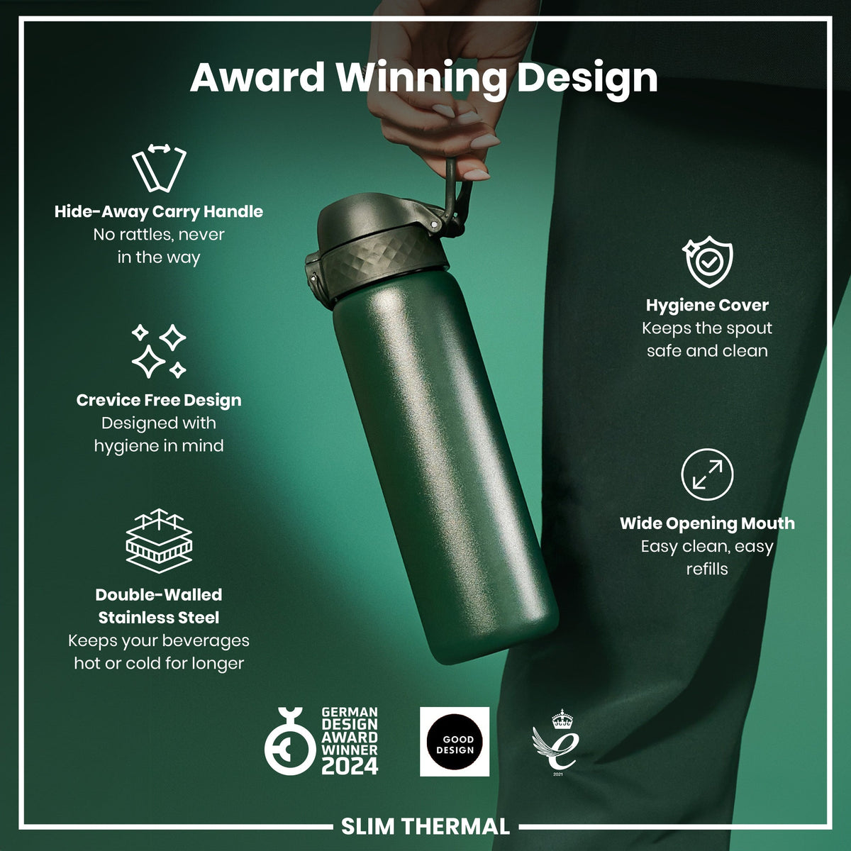 A dark-green, double-walled stainless steel water bottle is being held; its features include a hide-away handle, a crevice-free design, and a hygiene cover. The bottle is marketed as award-winning with a wide opening mouth for easy cleaning.