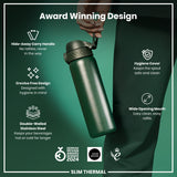 A dark-green, double-walled stainless steel water bottle is being held; its features include a hide-away handle, a crevice-free design, and a hygiene cover. The bottle is marketed as award-winning with a wide opening mouth for easy cleaning.