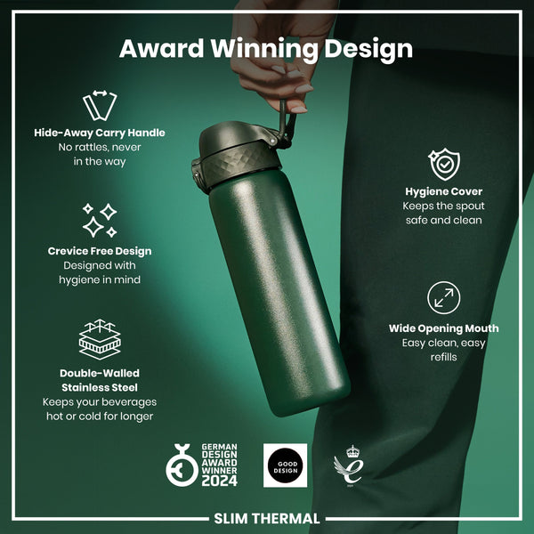 A dark-green, double-walled stainless steel water bottle is being held; its features include a hide-away handle, a crevice-free design, and a hygiene cover. The bottle is marketed as award-winning with a wide opening mouth for easy cleaning.