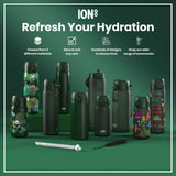 Several dark-green water bottles, some with child-friendly designs, are displayed on a green surface. ION8 is prominently featured. Accompanying text advertises material choices, size options, designs, and accessories.