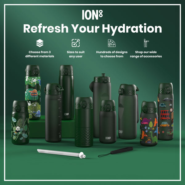 Several dark-green water bottles, some with child-friendly designs, are displayed on a green surface. ION8 is prominently featured. Accompanying text advertises material choices, size options, designs, and accessories.