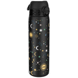 A black water bottle, adorned with a celestial pattern of moons, stars, and a sun, stands against a white background. The bottle's cap is black and features a carrying loop. The word 