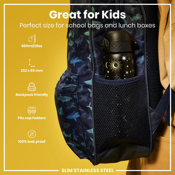 A water bottle fits into a backpack’s mesh pocket; it’s 600ml/20oz, 232 x 65 mm, backpack-friendly, fits cup holders, and is leak-proof. The backpack is dark-colored with a shark pattern. The bottle features celestial designs.