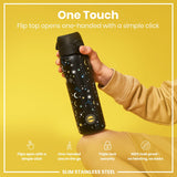 A black, celestial-patterned water bottle is being held; its flip top opens one-handed. The bottle is slim, stainless steel, leakproof, and features a triple lock security. 