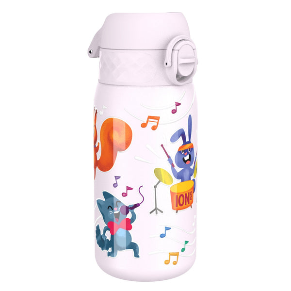 A pastel-purple water bottle, featuring cartoon animals playing music, sits on a white background. ION8 is printed on the drum.