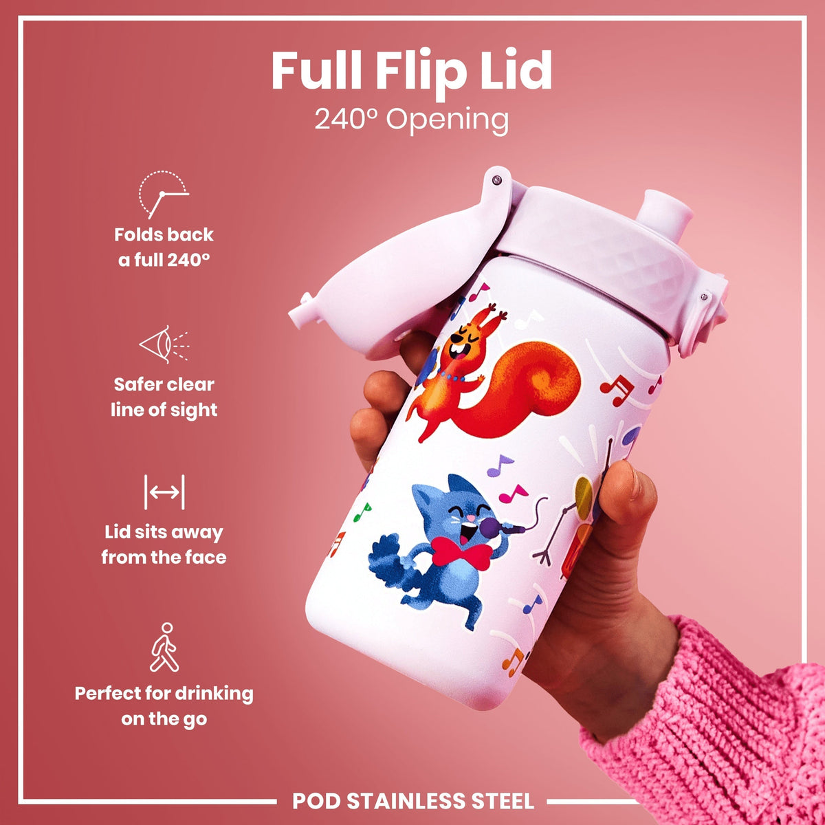 A lavender stainless steel water bottle, featuring cartoon animals, is held; its flip lid opens 240 degrees. The bottle is designed for convenient on-the-go drinking. Full Flip Lid. 240° Opening. POD STAINLESS STEEL.