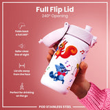 A lavender stainless steel water bottle, featuring cartoon animals, is held; its flip lid opens 240 degrees. The bottle is designed for convenient on-the-go drinking. Full Flip Lid. 240° Opening. POD STAINLESS STEEL.