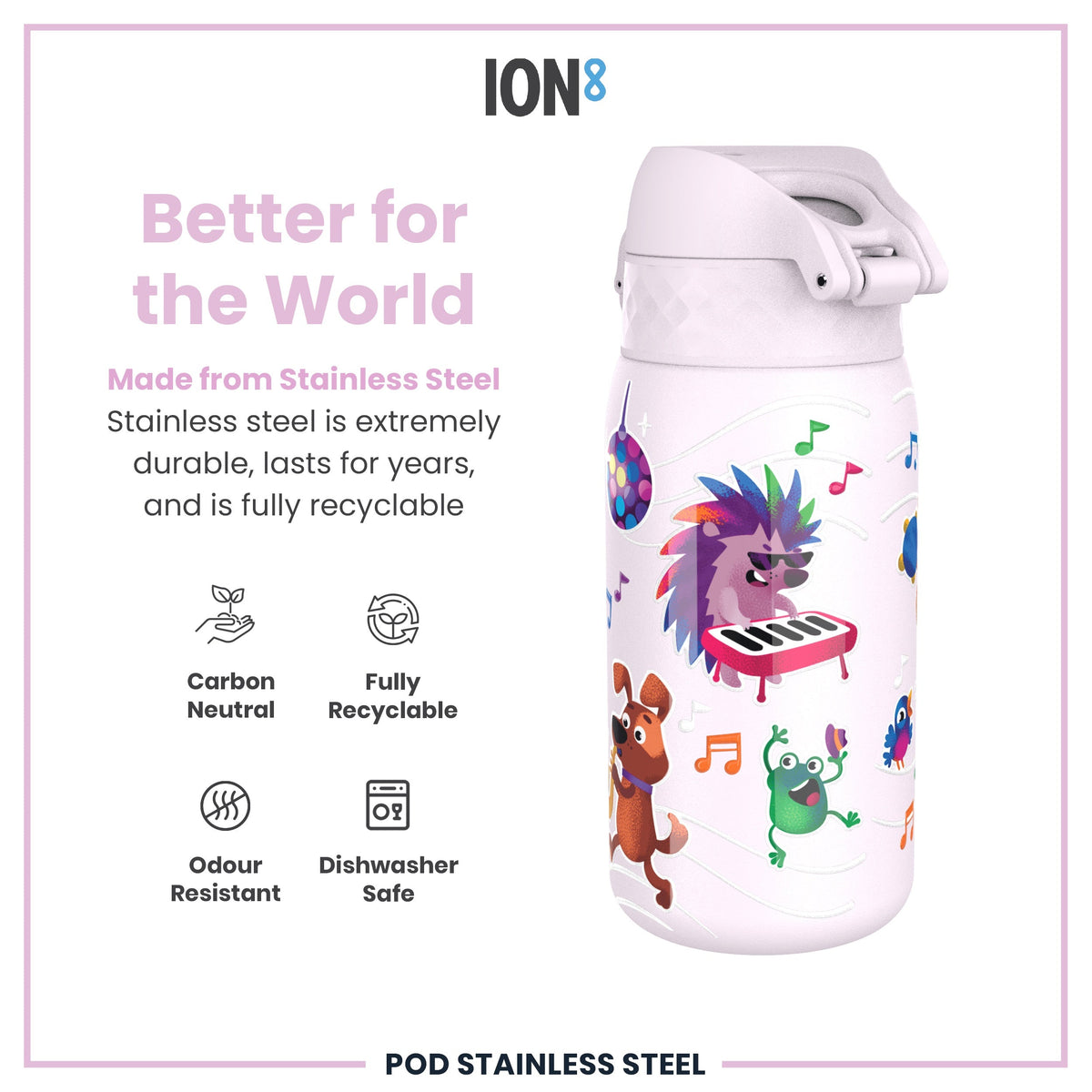 A stainless steel water bottle, featuring a playful design, sits against a white background. The bottle is described as durable, recyclable, carbon neutral, odour resistant, and dishwasher safe.