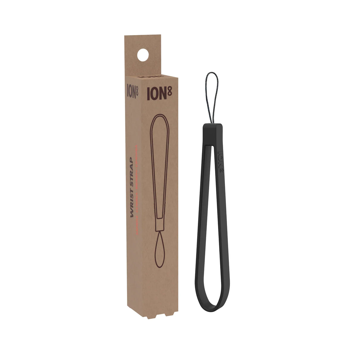 Black wrist strap hanging vertically with branded packaging nearby against a plain white background. Text on packaging: "ION8 ION8 WRIST STRAP" with a simple line illustration of the strap.