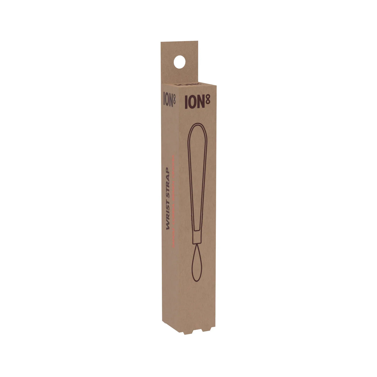A tall brown cardboard box features the brand "ION8" and a simple line illustration of a wrist strap with the text "WRIST STRAP" and "UNIVERSAL WATER BOTTLE ATTACHMENT" printed on the side.