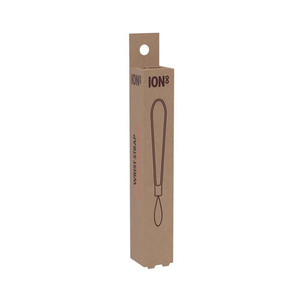 A tall brown cardboard box features the brand "ION8" and a simple line illustration of a wrist strap with the text "WRIST STRAP" and "UNIVERSAL WATER BOTTLE ATTACHMENT" printed on the side.