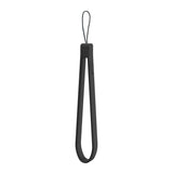 A black silicone tong suspended vertically with a loop at the top for hanging on a plain white background; embossed text reads 