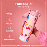 A pink, rainbow-decorated water bottle, with a 240° opening flip lid, is being held against a pink background. The lid folds back, away from the face, for safe, on-the-go drinking. The bottle is slim stainless steel.