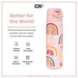 A pink stainless steel water bottle, featuring a rainbow design, sits against a white background. The bottle is described as durable, recyclable, carbon neutral, odour resistant, and dishwasher safe.