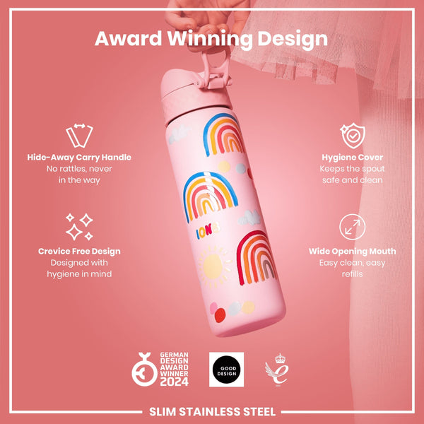 A pink, rainbow-decorated water bottle is being held. It features a hide-away handle, crevice-free design, hygiene cover, and wide mouth. Awards won in 2021 and 2024 are noted.