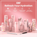 Several pink water bottles, varying in size and design, are displayed on a pink surface. They feature different patterns and materials. The scene promotes hydration and ION8 brand accessories.