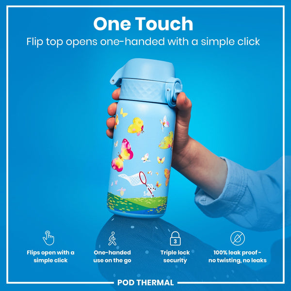 A child's water bottle, decorated with butterflies, is held; its flip top opens one-handed. The bottle is presented against a bright blue background. One Touch. Flip top opens one-handed with a simple click. Flips open with a simple click. One-handed use on the go. Triple lock security. 100% leak proof – no twisting, no leaks. POD THERMAL.