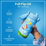 A child holds a blue water bottle with a 240° flip lid and butterfly design. The lid folds back completely, away from the face, for easy drinking. The bottle is advertised as perfect for on-the-go use.