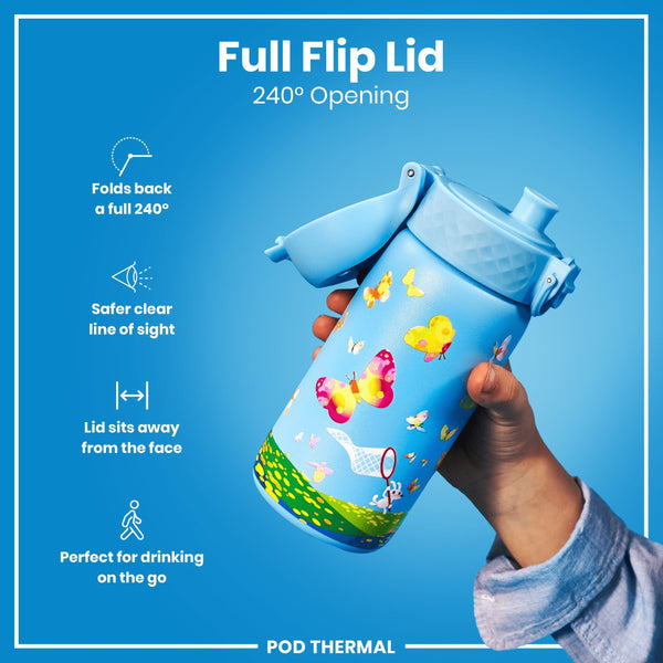 A child holds a blue water bottle with a 240° flip lid and butterfly design. The lid folds back completely, away from the face, for easy drinking. The bottle is advertised as perfect for on-the-go use.