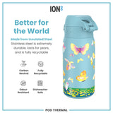 A light-blue insulated steel water bottle, featuring a butterfly design, sits against a white background. It is described as carbon neutral, fully recyclable, odour resistant, and dishwasher safe.