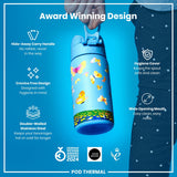 A light blue, butterfly-patterned water bottle is being held. Its features include a hide-away handle, crevice-free design, double-walled stainless steel construction, hygiene cover, and wide mouth. It's an award-winning design.