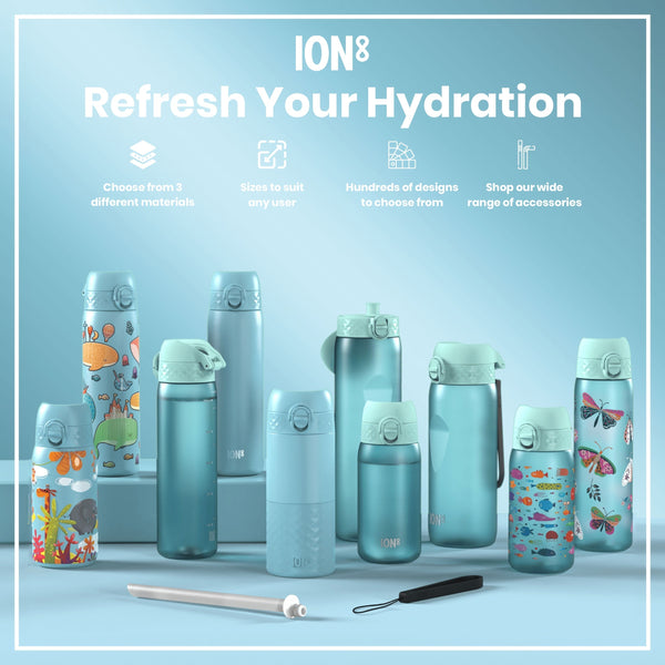 Several water bottles, in various sizes and designs, are displayed on a light blue surface. They are made from three different materials and feature numerous designs. Accessories are also available.