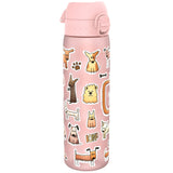 A pink water bottle, adorned with cartoon dogs, stands upright against a white background. The bottle features the logo 