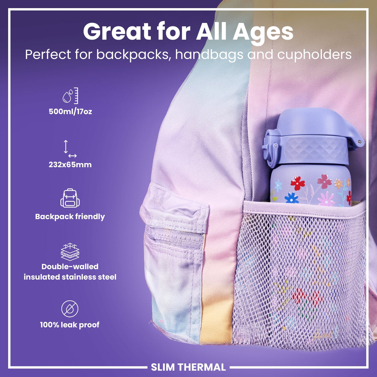 Isolierte Edelstahl-Wasserflasche, Blumenmuster, 500 ml