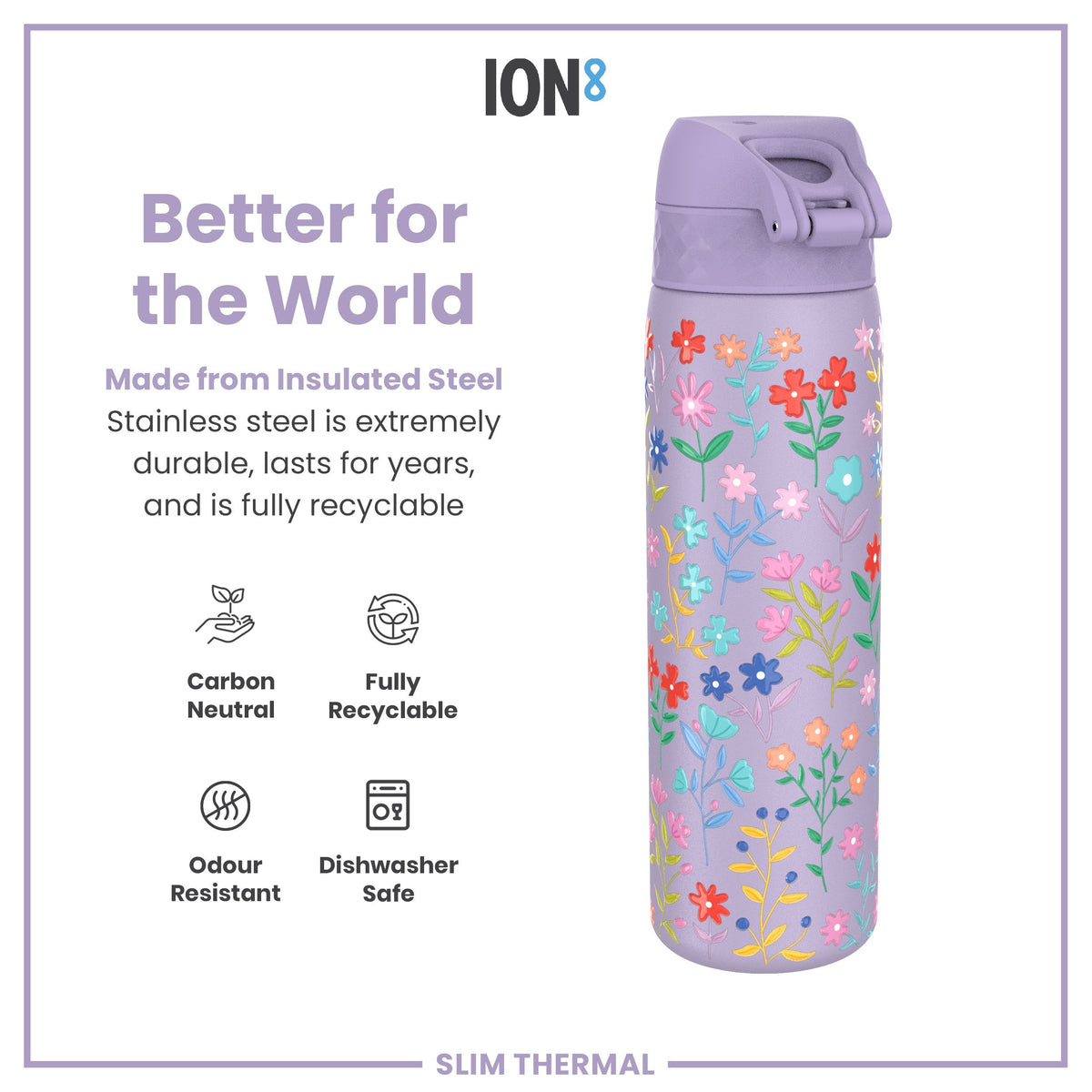 A lavender-colored, floral-patterned water bottle sits against a white background. It's made of insulated stainless steel, is recyclable, and dishwasher safe. The bottle is shown in an advertisement promoting its eco-friendly features.