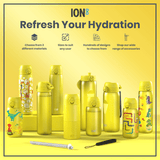 Several yellow water bottles, of varying sizes and designs, are displayed on a yellow surface. The bottles are arranged for a product shot. 