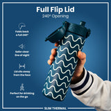 A teal water bottle with a wave pattern is held; its full flip lid opens 240°. The bottle is slim and thermal; the design facilitates easy, on-the-go drinking.