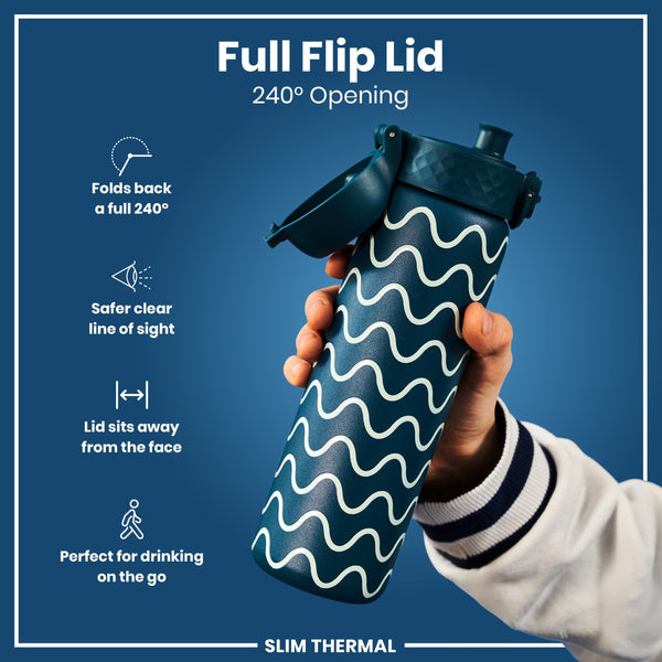 A teal water bottle with a wave pattern is held; its full flip lid opens 240°. The bottle is slim and thermal; the design facilitates easy, on-the-go drinking.