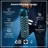 A teal, wave-patterned water bottle is held; it features a hide-away handle, crevice-free design, double-walled stainless steel, and a hygiene cover. The bottle is presented against a blue background, and labeled 