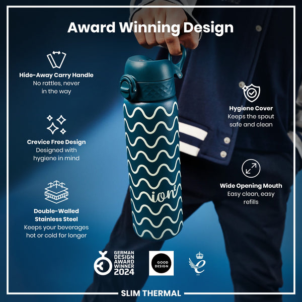 A teal, wave-patterned water bottle is held; it features a hide-away handle, crevice-free design, double-walled stainless steel, and a hygiene cover. The bottle is presented against a blue background, and labeled "ion". It's an award-winning design.