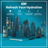 Several teal water bottles, varying in size and design, are displayed on a teal surface. Some bottles feature cartoonish designs. The text reads: ION8 Refresh Your Hydration, Choose from 3 different materials, Sizes to suit any user, Hundreds of designs to choose from, Shop our wide range of accessories.