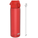 A red water bottle sits beside its detached straw against a white background. The bottle has a flip-top lid and the brand name 