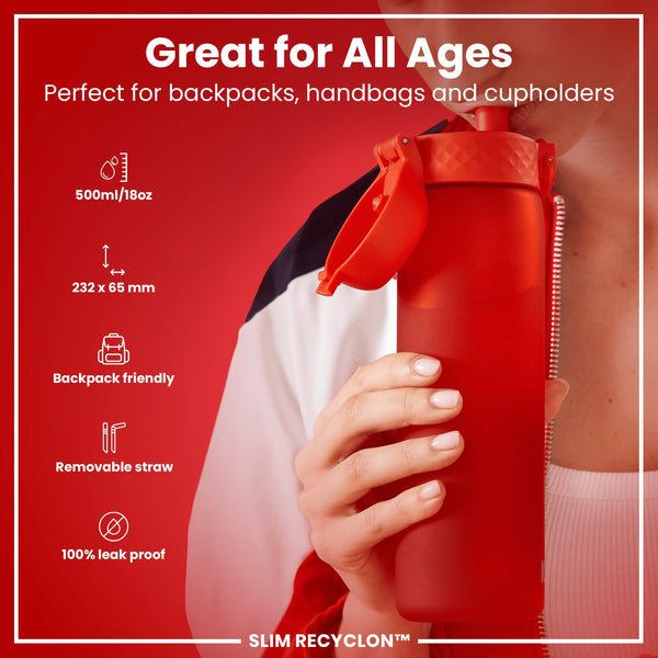 Recyclon Wasserflasche mit Trinkhalm, Rot, 500 ml