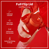 A hand holds an orange bottle with a full flip lid that opens 240 degrees; the bottle is showcased against a red background. The text advertises the lid's features: “Full Flip Lid,” “240° Opening,” and more.