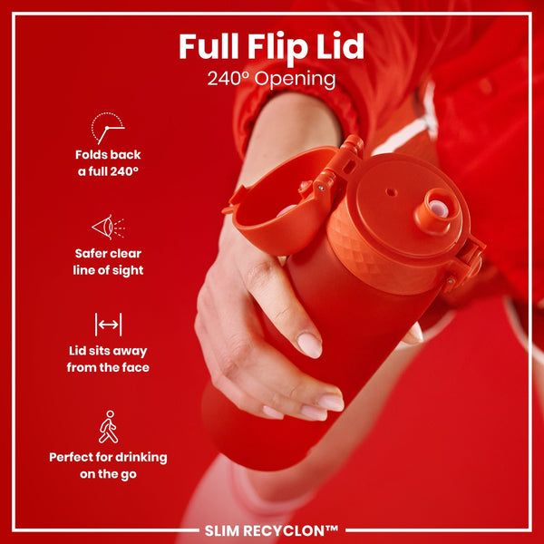 A hand holds an orange bottle with a full flip lid that opens 240 degrees; the bottle is showcased against a red background. The text advertises the lid's features: “Full Flip Lid,” “240° Opening,” and more.