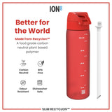 A red water bottle sits beside its straw; it is made from a plant-based polymer, is carbon neutral, BPA-free, odour resistant, and dishwasher safe. Better for the World. Made from Recyclon™. Slim Recyclon™. ION8.