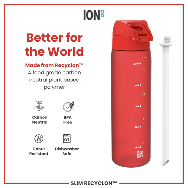 A red water bottle sits beside its straw; it is made from a plant-based polymer, is carbon neutral, BPA-free, odour resistant, and dishwasher safe. Better for the World. Made from Recyclon™. Slim Recyclon™. ION8.